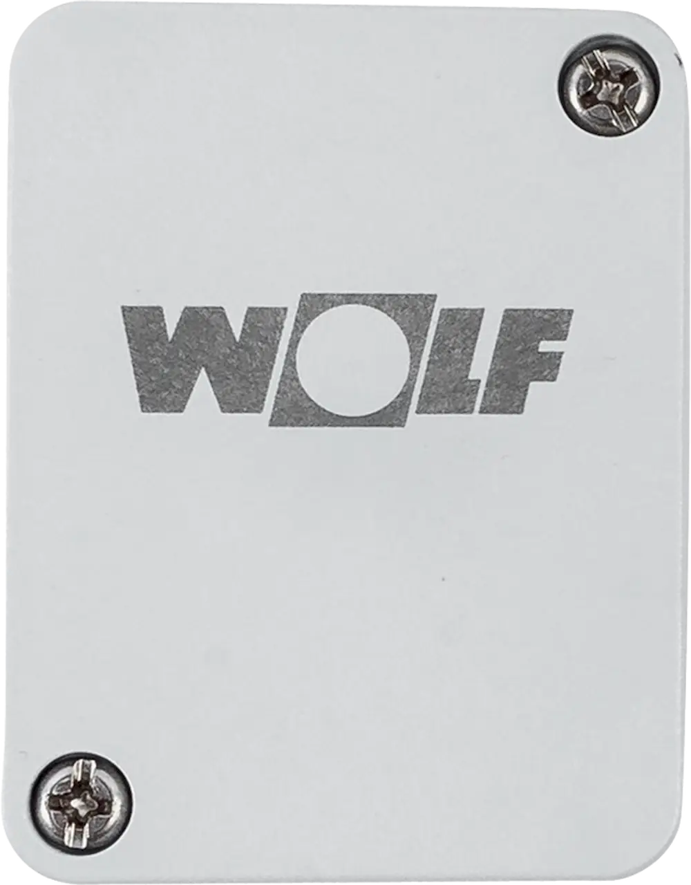 Weißes Gerät mit grauer "WOLF"-Aufschrift und vier Schrauben, das als Außentemperaturfühler dient.